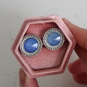 Blue Glass Silver - Trim Vintage Stud Earrings - Women Jewelry